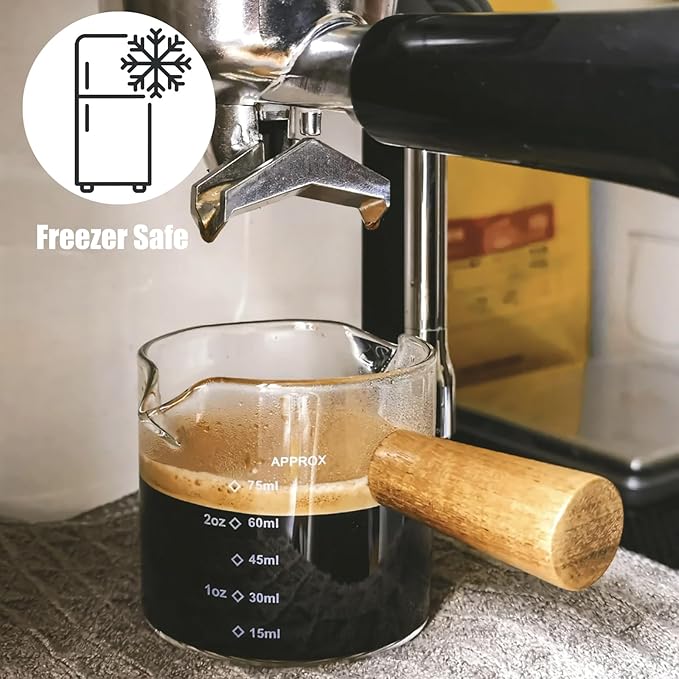 2 Pack Espresso Shot Glass With Wooden Handle, Accessories with Double Spouts Espresso Machine Accessories Coffee Bar Essentials Precise 75 Ml Coffee Measuring Cup