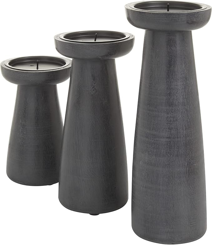 CosmoLiving by Cosmopolitan Mango Wood Decorative Candle Holder Pillar Candle Stand, Set of 3 Candlestick Holder 10", 8", 6" H, Dark Gray