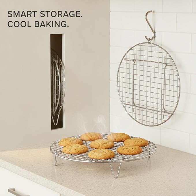 Foldable Stainless Steel Cooling Rack, Round Wire Mesh Baking Stand for Even Airflow, Space-Saving Collapsible Design for Kitchen Storage (10.6 Inch, Silver)
