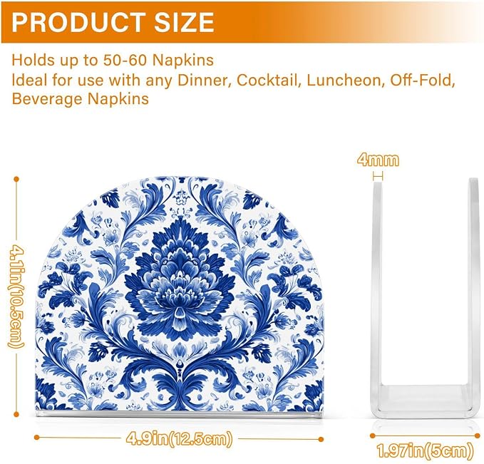 Napkin Holder Acrylic Napkin Holder for Table Kitchen Party Restaurant U Shaped Upright Napkin Dispenser Organizer Classic Blue and White Flower