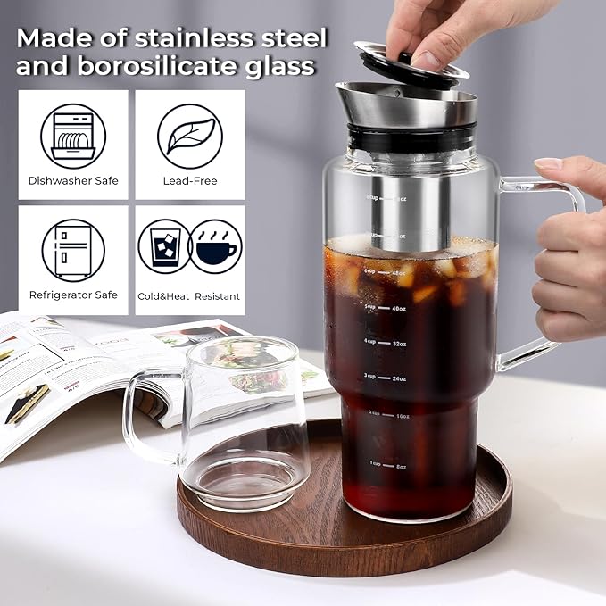 Aquach 68oz Cold Brew Coffee Maker, Borosilicate Glass Pitcher for Iced Tea | Dishwasher Safe, Up to 2 Weeks Fresh Aroma, Family Size, Refrigerator Fit, 304 Stainless Filter