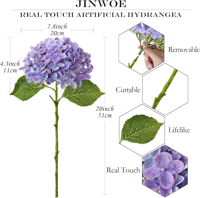 JINWOE Bright Purple Boho Artificial Hydrangeas Flowers,4Pcs 20" Real Touch Lifelike Silk Artificial Hydrangeas, Full Fake Flowers for Bouquet Table Centerpieces Spring Wedding Indoor Home