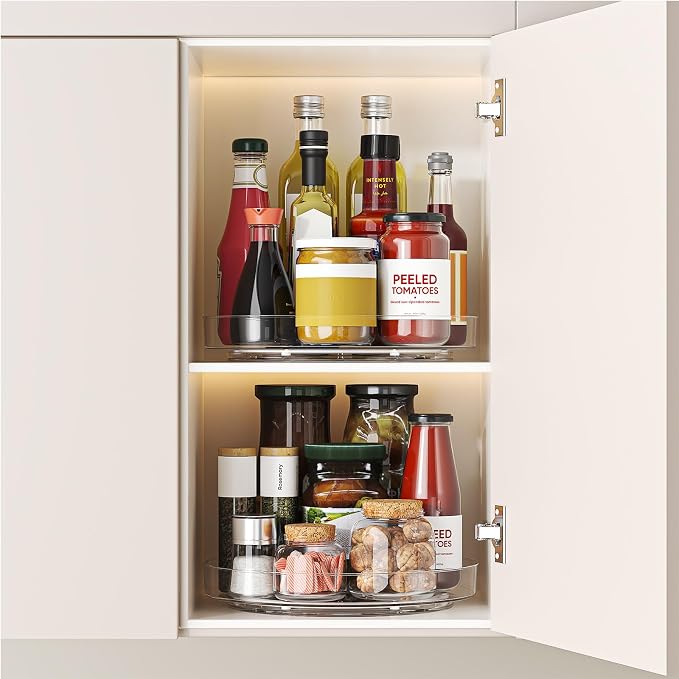 2 Pack 10 Inch Lazy Susan Turntable Organizer, Clear Rotating Spice Rack for Cabinet, Pantry, Kitchen Countertop and Fridge, Non-Slip Acrylic Spinning Tray for Bathroom Vanity