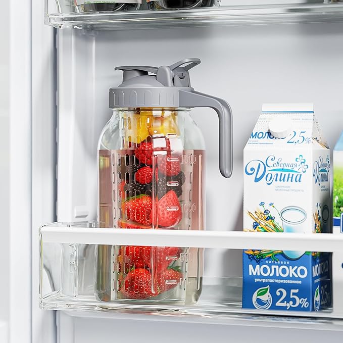 JunVpic Glass Mason Jar Pitcher, 64oz (2 Quart) Wide Mouth Jug with Dual Leak-Proof Pour Spout, Handle Lid for Fruit Drinks, Cold Brew Coffee, Ice Beverage, Iced Juice, Lemonade, Sun Tea Container