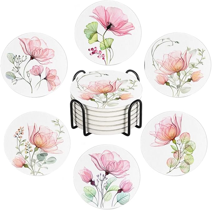 Drink Coasters for Drinks Set of 6, Watercolor X-ray Roses and Eucalyptus Absorbent Round Ceramic Stone Mat Coaster, with Cork Base and Metal Holder, Home Bar Decor House Warming Gift