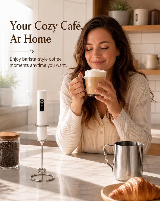 Electric Coffee Frother Handheld, USB Rechargeable Coffee Mixer Wand with Stand and 350ml Milk Frother Cup, Whisk Set for Latte Art, Cappuccino, Espresso