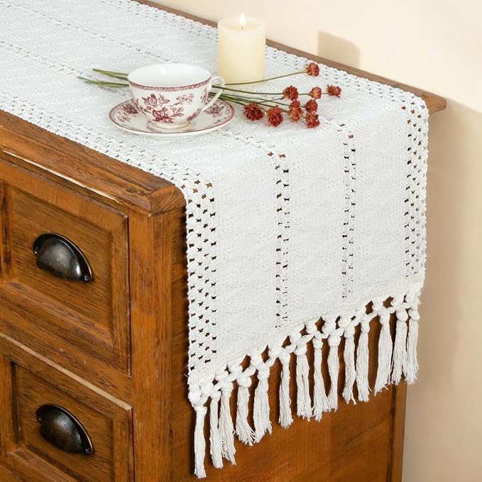 FEXIA Summer Table Runner with Tassels Boho 72 Inches Long Cream Burlap Table Runner for Home Farmhouse Decor Rustic Bohemian Dining Bedroom Decoration Baby Bridal Shower(12x72 Inches)