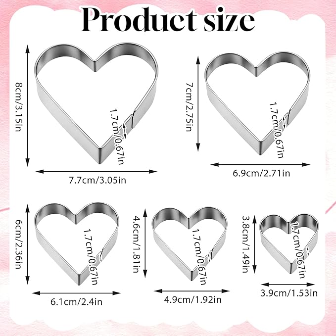 Jeffdad 5 Pcs Heart Cookie Cutters Set, Stainless Steel Love Shaped Mold Small Biscuit Cutters for Baking Heart Sandwich Cutter for Valentine's Day Fondant Pastry