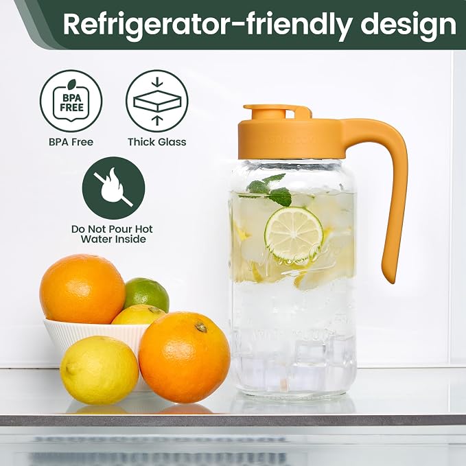 Mason Jar Pitcher - Airtight & Leakproof Glass Pitcher with Lid, Perfect for Breastmilk, Cold Brew, and Sun Tea, 2 Quart (64 oz) Mason Jar with Pour Spout Lid