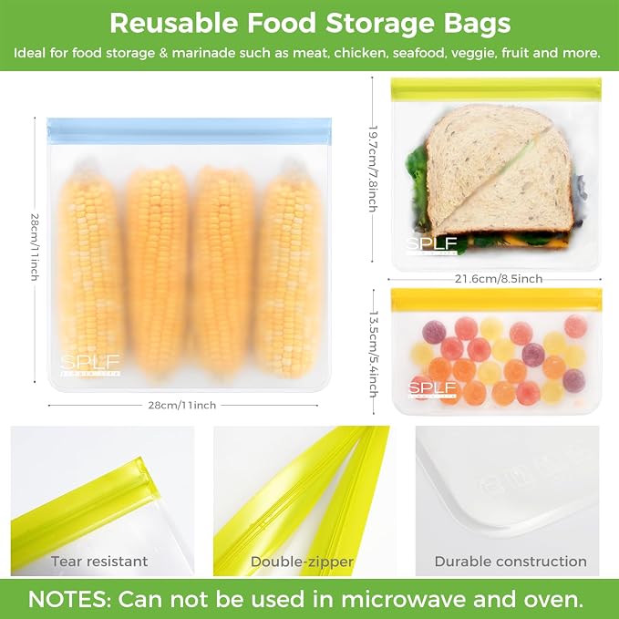 SPLF 12 Pack Dishwasher Safe Reusable Bags, Leakproof Reusable Freezer Bags, BPA Free Food Storage Bags for Lunch, Meal Prep, Marinate, Veggies, Travel - 2 Gallon 5 Sandwich 5 Snack