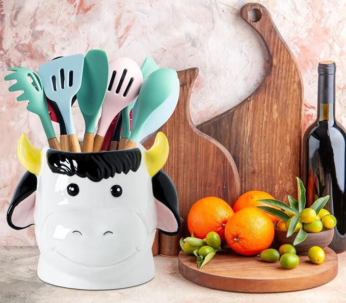 dgudgu Cow Kitchen Utensil Holder For Countertop Ceramic Utensil Crock For Kitchen Countertop, White Pink Decor Cute Farmhouse Storage Organizer For Forks, Spoons & Cooking Tools
