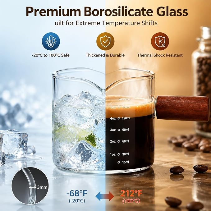 5oz Espresso Cups Set of 2, Double Spout Clear Borosilicate Glass with Anti-Scalding Wooden Handle, Heat Resistant Small Glass Mug for Double Shot Espresso, Latte, Cappuccino, Coffee Accessories