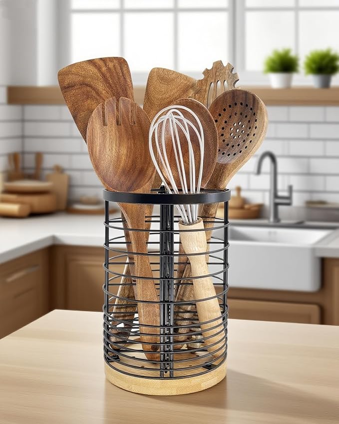 7.2“ Kitchen Utensil Holder with Removable Dividers, Large Countertop Organizer for Cooking Tools, 4 Partitions Mesh Utensil Holder with Bamboo Base ,Matte Black