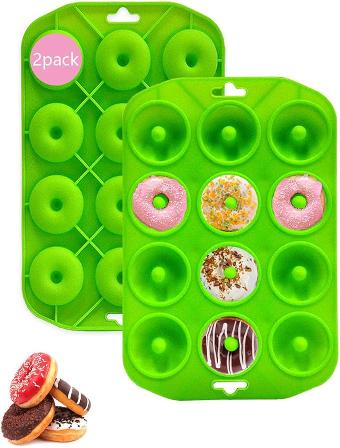 Mini Donut Pan for Baking, 2 Pack Donut Mold Silicone Doughnut Pan for Making Donut, Bagels, Cake, BPA Free, Green
