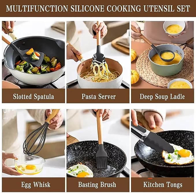 33PCS Silicone Kitchen Utensil Set, Heat Resistant Nonstick Cooking Utensils with Wooden Handles, BPA-Free Kitchen Tools Set (Black)