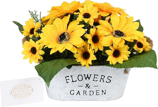 Sunflower Decor in Metal Pot – Artificial Sunflowers Bouquet with Cotton Handles, Centerpiece for Desk, Kitchen, Bathroom, Office, Classroom, Living Room, Table Decoration