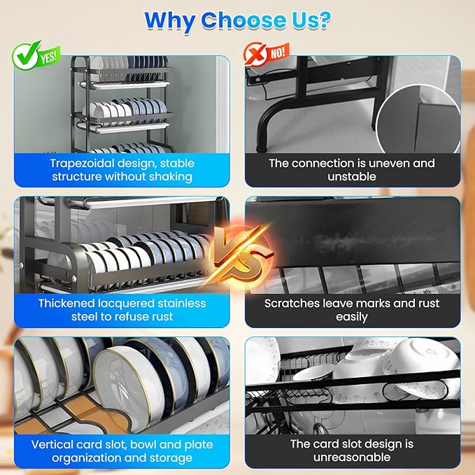 Large Dish Drying Rack Multifunctional 3 Tier Dish Rack with Drain Tray, Dish Drainer for Kitchen Counter with Drainboard/Utensil/Cup Holder Rust Proof Carbon Steel