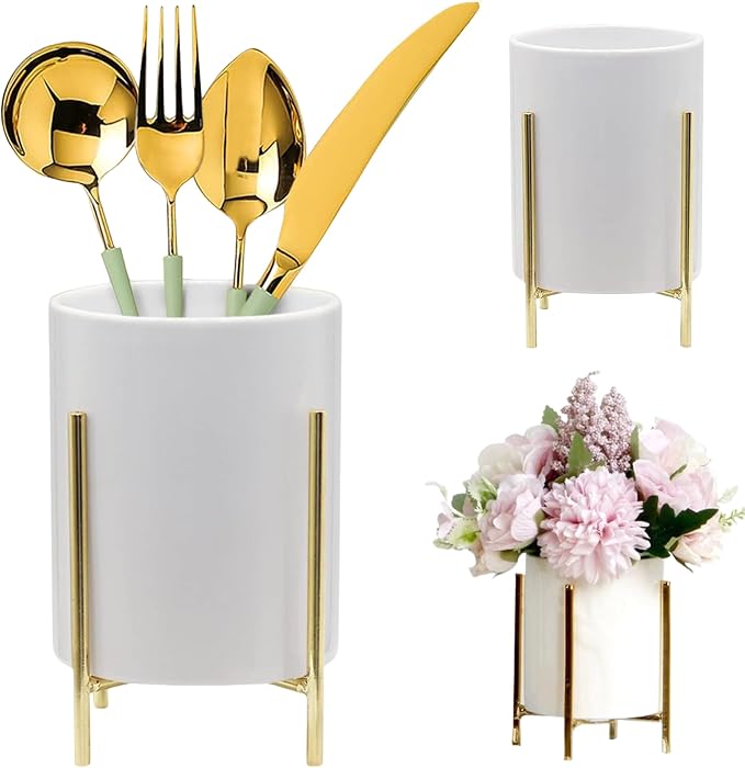 Ceramic Utensil Holder with Metal Frame 3.6x4.3, Countertop Kitchen Utensil Caddy for Spoon Fork Cutlery Storage, Tabletop Organizer Vase, Gold