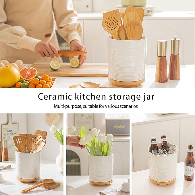 360° Rotating Ceramic Utensil Holder, 7.7" Large Kitchen Utensil Crock with Rotatable Bamboo Base, Countertop Organizer for Spatulas, Spoons & Cooking Tools