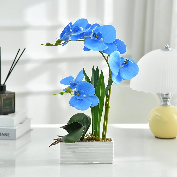 Artificial Real Touch Orchid Flowers in Pot Fake Phalaenopsis Flower with White Ceramic Vase Faux Orchids Arrangement for Home Table Office Wedding Party Decoration (Blue)