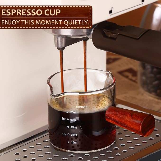 Bincoo 100ML Espresso Shot Glass with Wood Handle - Double Spout Measuring Cup for Perfect Latte Art, Dishwasher Safe, Easy-Pour Design (OZ/ML Markings)