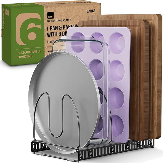 Better Things Home 7.5” Wide 6-Slot Adjustable Large Pan and Pot Lid Organizer with Scratch-Free Pads, Single Large Rack with 6 Adjustable Dividers, Cutting Boards, Baking Sheet, Inside Cabinet