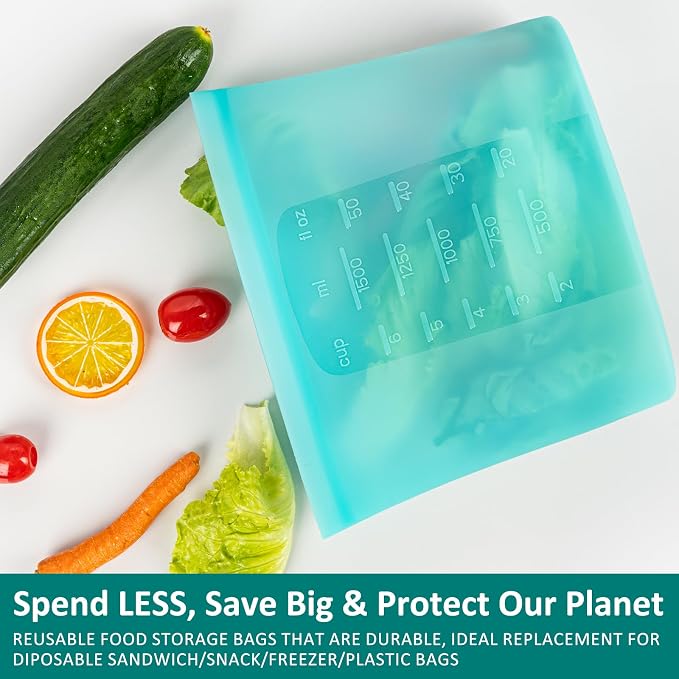 8-Pack Reusable Silicone Food Storage Bags, 100% Silicone Stand-Up Wide-Open Zip-Lock Reusable Storage Bags for Food, Freezer Microwave Oven Dishwasher Safe, Aqua, 2XL(0.8 Gallon) 2M 2S 2XS