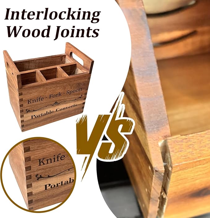 Portable Acacia Wood Kitchen Utensil Holder with Handle, Farmhouse Countertop 4-Compartment Wooden Cooking Utensil Holder for Counter, Island & Dining Room