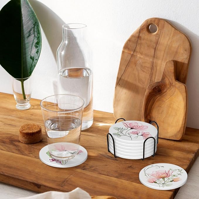 Drink Coasters for Drinks Set of 6, Watercolor X-ray Roses and Eucalyptus Absorbent Round Ceramic Stone Mat Coaster, with Cork Base and Metal Holder, Home Bar Decor House Warming Gift
