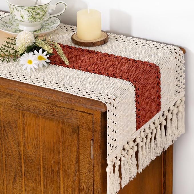 Socomi Boho Table Runner Summer Farmhouse Woven Cotton Linen Rustic Table Runner with Tassels for Dresser Scarf Home Decor Dining Room 12x90 inch Terracotta Ivory