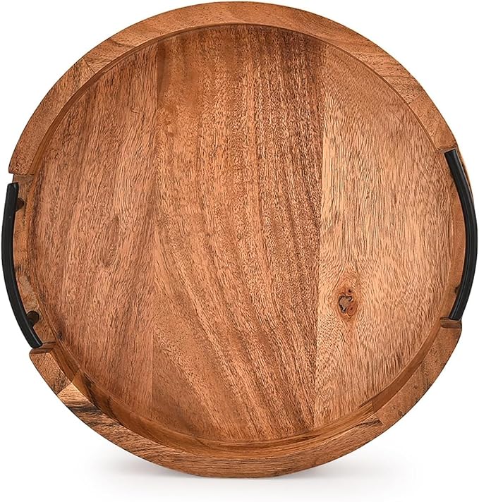 NIRMAN Acacia Wood Tray Round Rustic Farmhouse Wooden Platter for Coffee Table, Ottoman, Drinks, Breakfast with 2 Black Iron Handles (12" X 12" X 1.6")