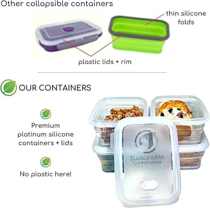 Premium Silicone Collapsible Food Storage Containers with Silicone Leakproof Lids, BPA Free, LFGB Food-Grade Certified, Compact, Reusable Lunch Snack Box, Microwave Safe, 2.8 Cups 3 Pk