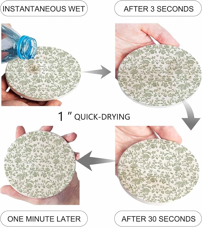 Drink Coasters Sage Green Pastoral Flower Absorbent Stone Ceramic Coaster with Cork Back and NO Holder for Cups, Set of 4-Piece Farmhouse Coasters for Drinks