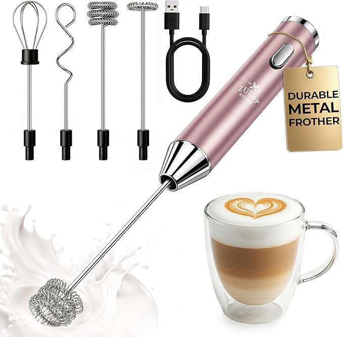 Zulay Kitchen Rechargeable Milk Frother Handheld - Frother Wand, Drink Mixer, Electric Whisk Frother, for Cappuccinos, Matcha & Protein Powder - Ultra Metal 3 Whisk, 1800mAh Pink