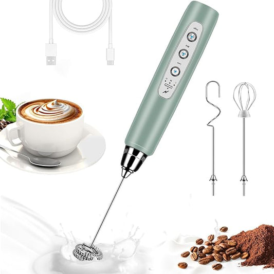 BSRGMS Milk Frother Handheld for Coffee, Electric Whisk 3 Speed Adjustable, Drink Mixer with Stainless 3 Whisks, Rechargeable Hand Frother Wand, Foam Maker for Latte Cappuccino Hot Chocolate Egg Green