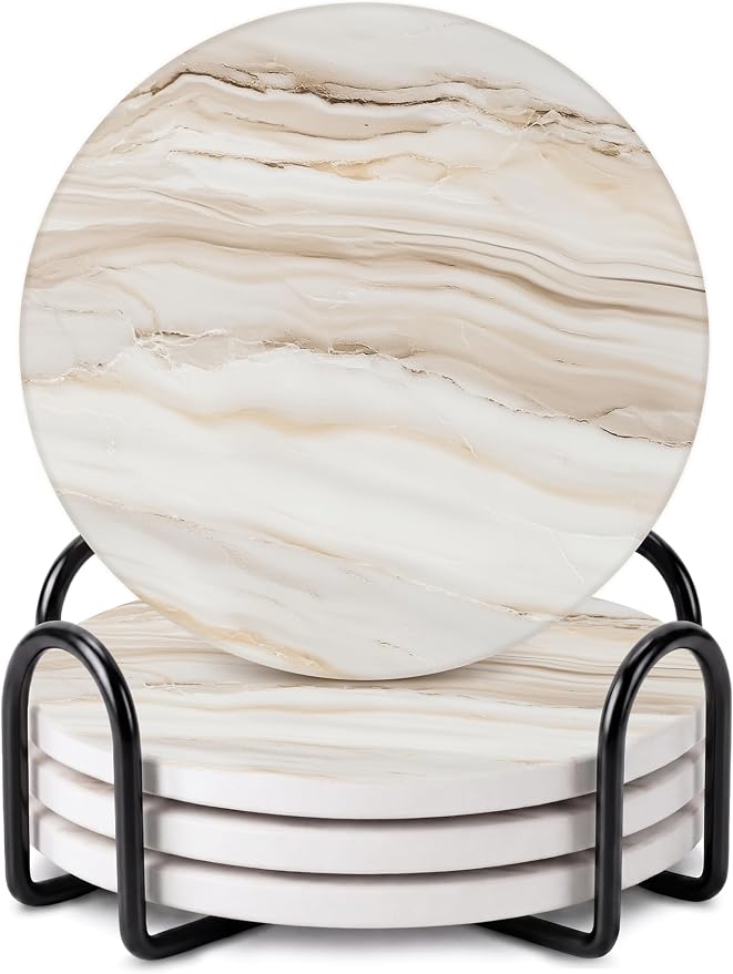 VEYRO Ceramic Coasters Set of 4 – Absorbent Stone Drink Coasters with Holder, Non-Slip Cork Backing, Modern Marble Look Coasters for Coffee Table, Desk & Home Decor
