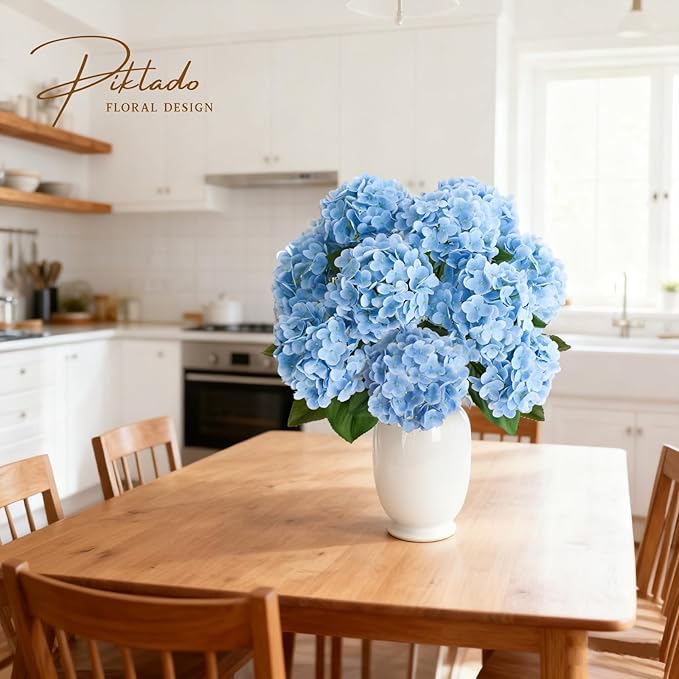 A Bunch 21in, Real Touch Hydrangea Artificial Flowers, with 5pcs Flower Head 10pcs Leaves, Faux Hydrangea Flowers for Home Office Decor Wedding Party Arrangements (1, Blue)