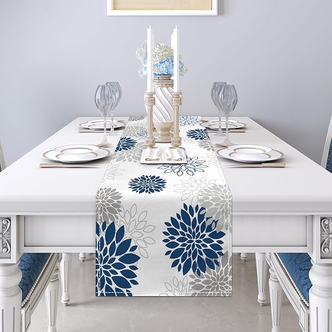 Dahlia Flower Table Runner 13x36 Inch Farmhouse Blue Gray Runners Modern Table Decorations Rustic Geometric Coffee Table Runner for Home Kitchen Dining Room Party (13"x36", Dahlia Floral-Blue)
