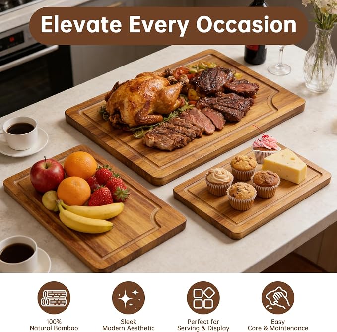 3 Pack Bamboo Cutting Boards Set for Kitchen, Chopping Boards with Deep Juice Groove, Thick Wooden Cutting Board for Meat, Vegetables & BBQ Prep