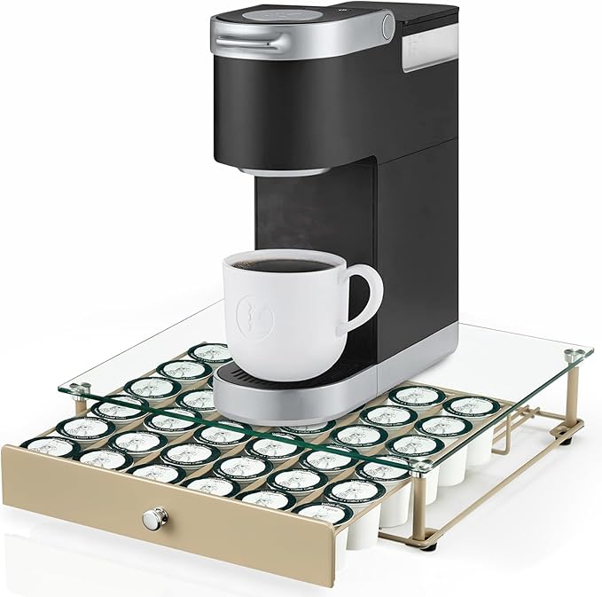 Coffee Pod Holder With Tempered Glass Top Drawer - Compatible With K Cup Pods, Holds 36 - Storage Organizer for Shop, Office, Kitchen Counter 14 13 3 in