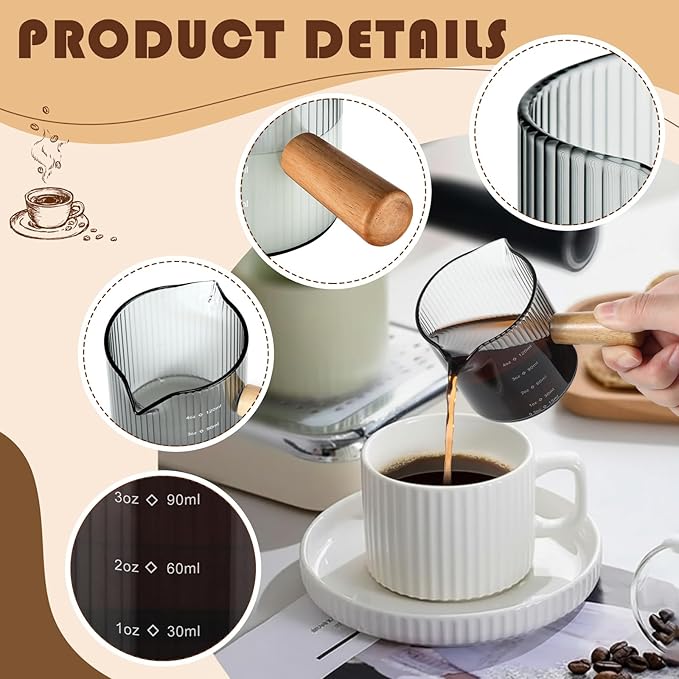 2 Pcs Double Spouts Measuring Espresso Cups Shot Glasses with Wood Handle 4 oz Dual Scale V-shaped Mouth Measuring Glasses Demitasse Cups Ribbed Milk Frothing Pitcher for Coffee Bar
