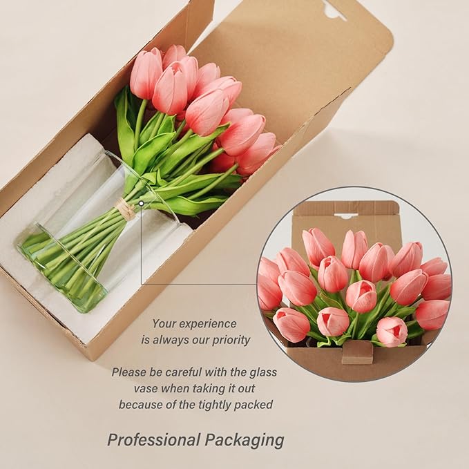 WELL KNOWN 20 Pcs Tulips Artificial Flowers in Vase, Real Touch Coral Pink Tulips with Glass Vase & Fake Water, Flower Arrangement Centerpiece for Dining Table Home Hotel Wedding Party Decor & Gift