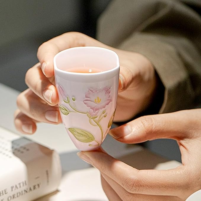KAMMAK Ceramic Tea Cups Small, Cute Vintage Coffee Cup Set of 2, Porcelain Teacups Espresso Mug, 2.1oz Hand Painted Chinese Afternoon Tea Party Mugs, Birthday Gift for Women Men, Yuni Feizi
