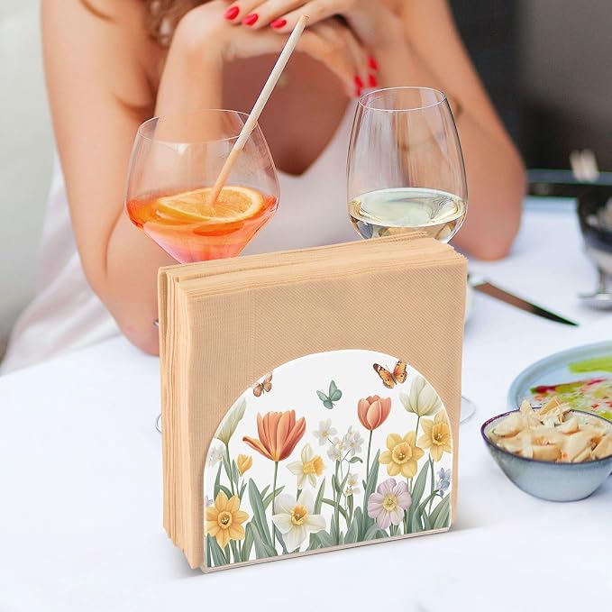Tulips Daffodils Spring Flowers04 Napkin Holder for Tables Paper Cocktail Napkin Holders for Kitchen Dinning,Acrylic Dinner Napkin Dispenser for Restaurant Home Decor Bar Accessories 1 Pack