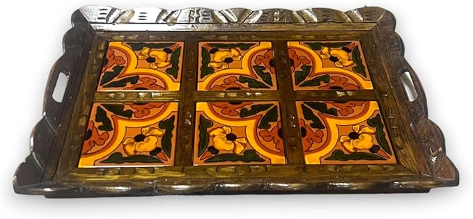 Handcrafted Talavera Tile Serving Tray | Mexican Wooden Tray-D5