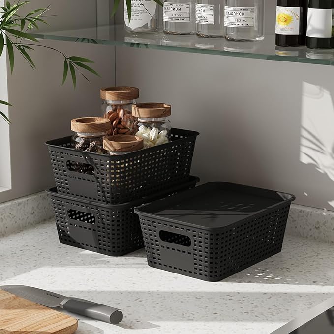 Resze 6-Pack Plastic Storage Bins with Lids, Stackable Organizer Baskets & Containers for Pantry, Kitchen, Cabinet, Closet, Bathroom Organization Toys, Space Saving, Easy-Carry Handles,Black
