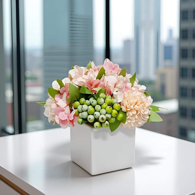 Artificial Flower Arrangement in Ceramic Vase Pink Hydrangea Home Decor | Artificial Pink Hydrangea Potted Flowers with White Vase, Fake Peony Green Berry Floral Decor for Home Office Wedding Table