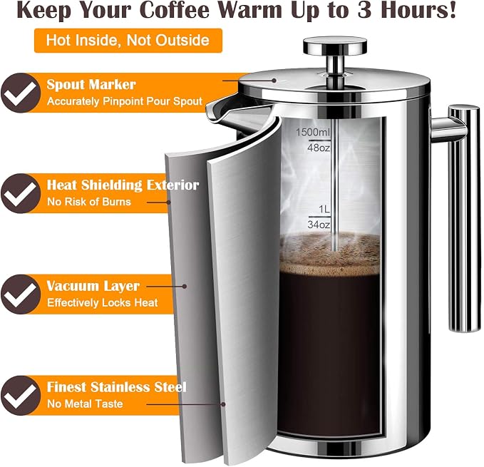 LANTE French Press Coffee Maker, 1.5L Double Insulated 304 Stainless Steel Tea Maker 4 Level Filtration System, No Coffee Grounds, Rust-Free, Dishwasher Safe 50oz Coffee Press for Family Party