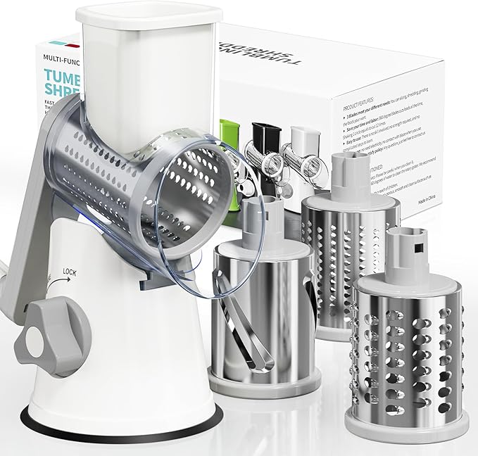 Rotary Cheese Grater Hand Crank, 3 Blades Slicer Shredder, Cheese Grater for Kitchen, Multi-Functional Kitchen Tool for Vegetables, Nuts, Chocolate, with Strong Suction Base, White