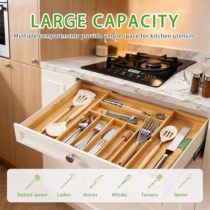 Bamboo Expandable Silverware Drawer Organizer, Adjustable Utensil Tray Cutlery Holder for Kitchen Drawer, Flatware Storage Organizer for Spoons, Forks and Knives, Natural (7 Slot,)